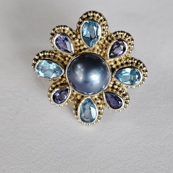Sajen Jewelry - Exquisite Vintage Mabe Pearl, Swiss Topaz, Iolite Ring Sterling Silver Size 7!
